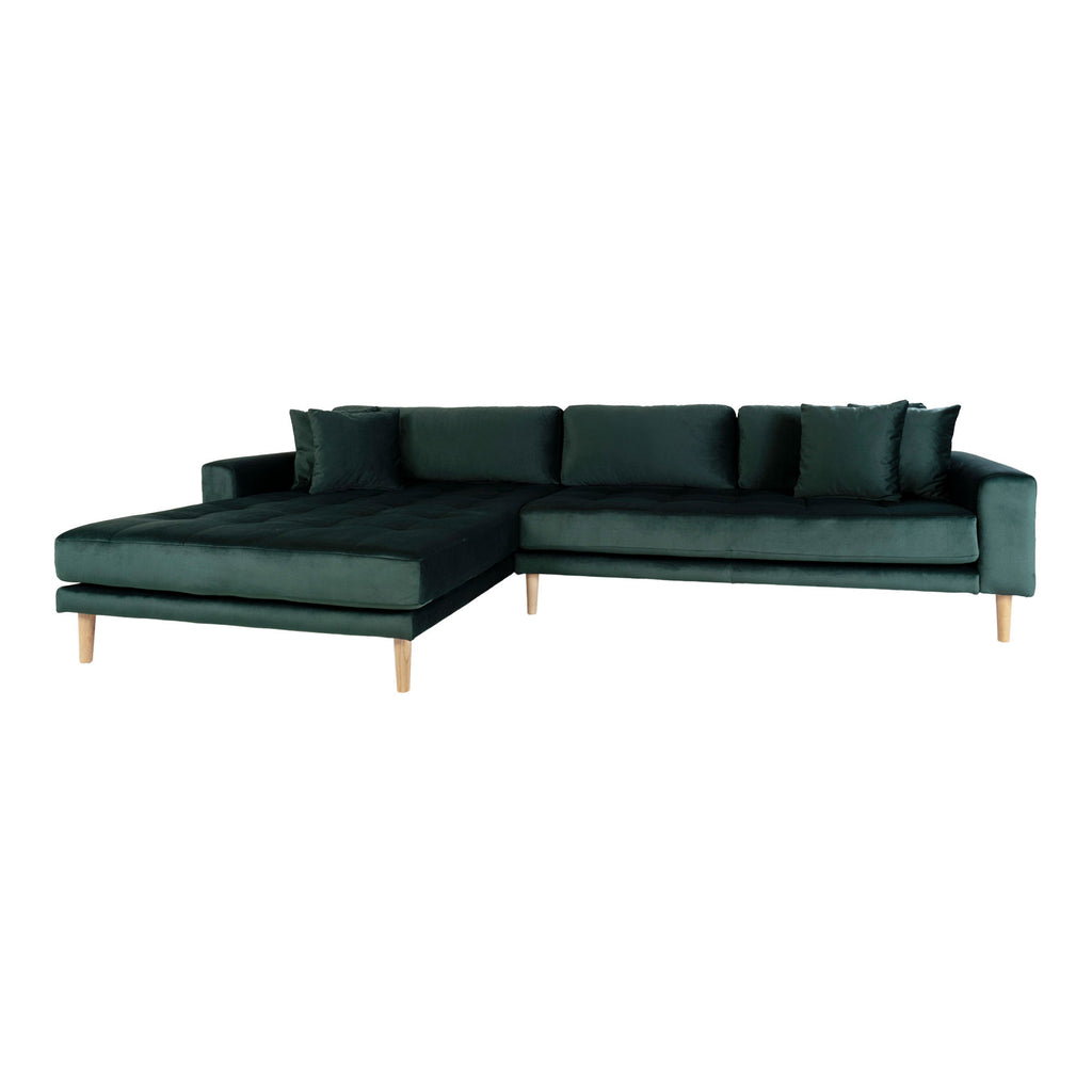 Lido Lounge Sofa - Lounge Sofa, venstrevendt i mørkegrøn velour med fire puder og natur træben, HN1006
