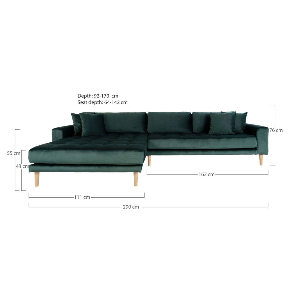 Lido Lounge Sofa - Lounge Sofa, venstrevendt i mørkegrøn velour med fire puder og natur træben, HN1006