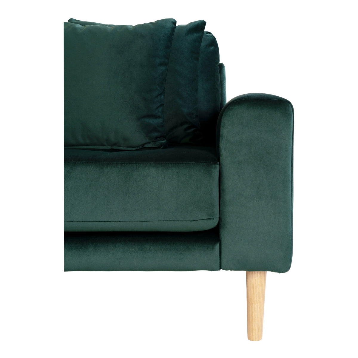 Lido Lounge Sofa - Lounge Sofa, venstrevendt i mørkegrøn velour med fire puder og natur træben, HN1006