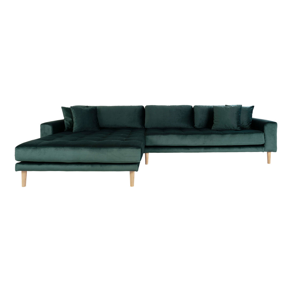 Lido Lounge Sofa - Lounge Sofa, venstrevendt i mørkegrøn velour med fire puder og natur træben, HN1006