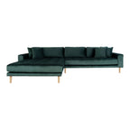 Lido Lounge Sofa - Lounge Sofa, venstrevendt i mørkegrøn velour med fire puder og natur træben, HN1006