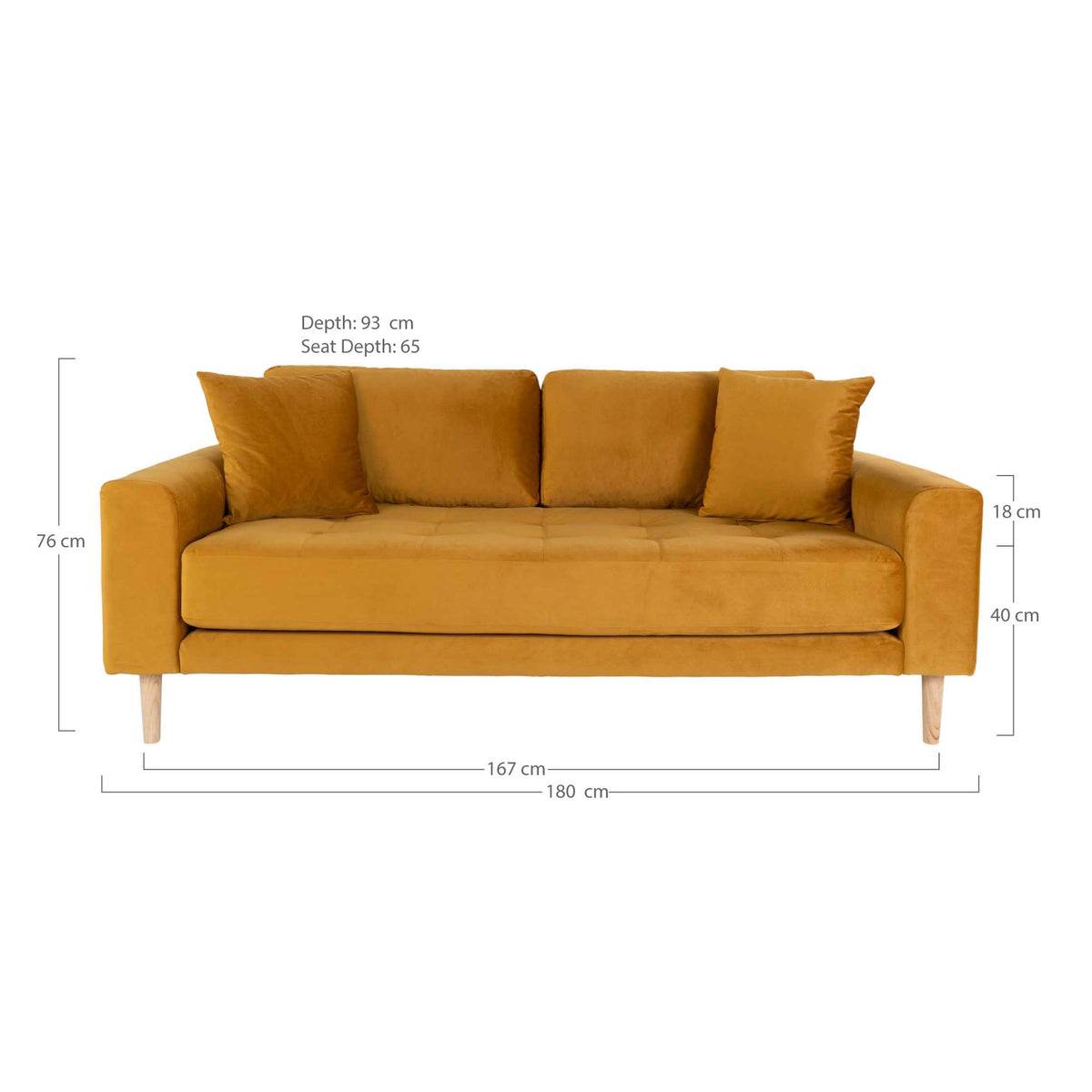 Lido 2,5 Personers Sofa - 2,5 Personers Sofa, sennepsgul velour med to puder og natur træben, HN1004