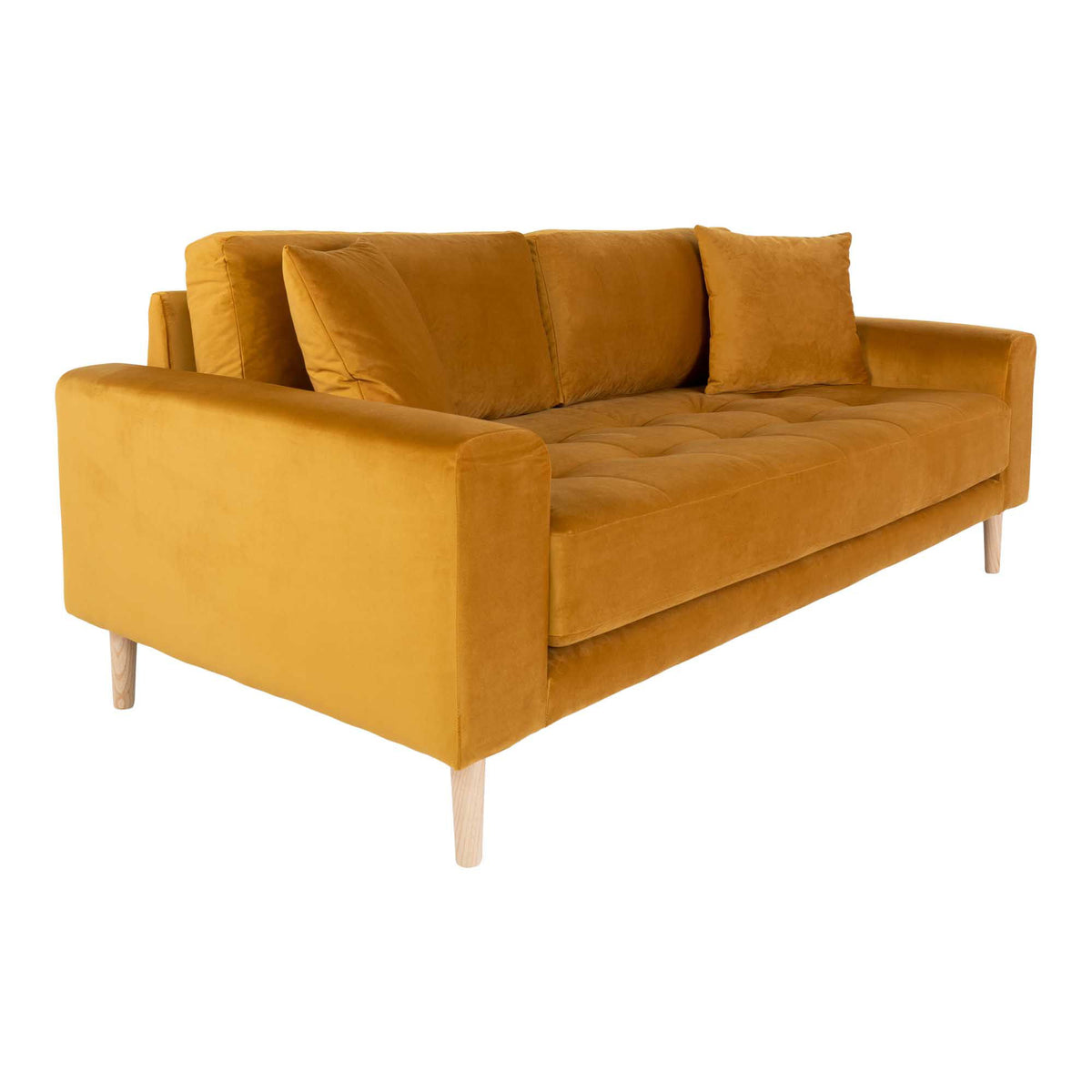 Lido 2,5 Personers Sofa - 2,5 Personers Sofa, sennepsgul velour med to puder og natur træben, HN1004