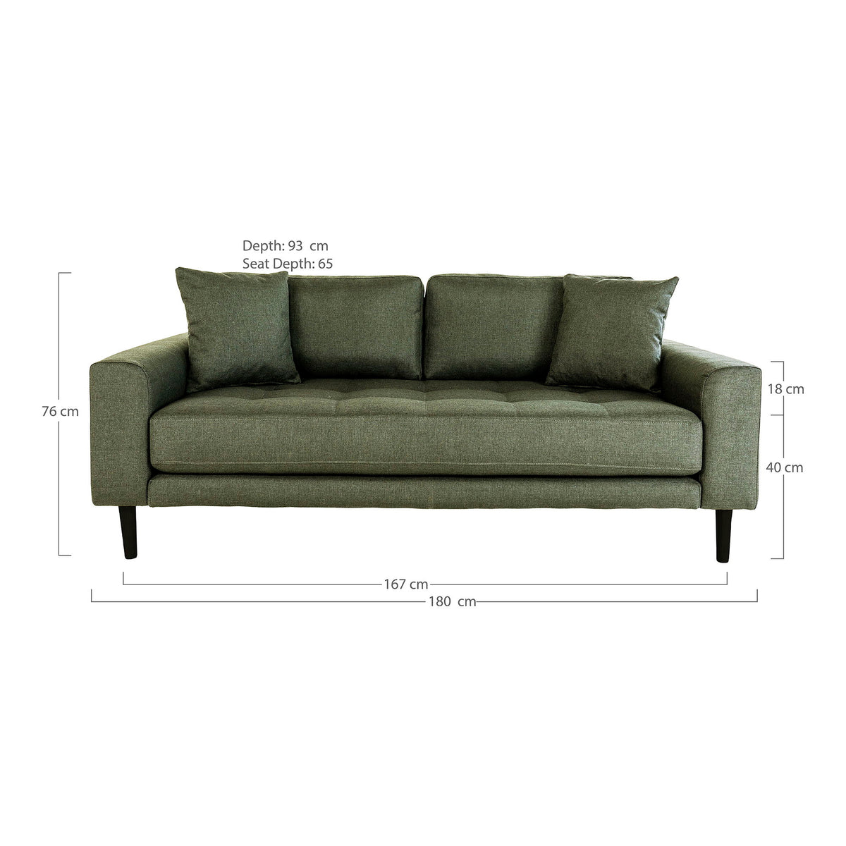Lido 2,5 Personers Sofa - 2,5 Personers Sofa, olivengrøn med to puder og sorte træben, HN1020