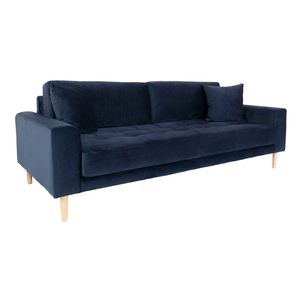 Lido 3 Personers Sofa - 3 Personers Sofa, mørkeblå velour med to puder og natur træben, HN1005