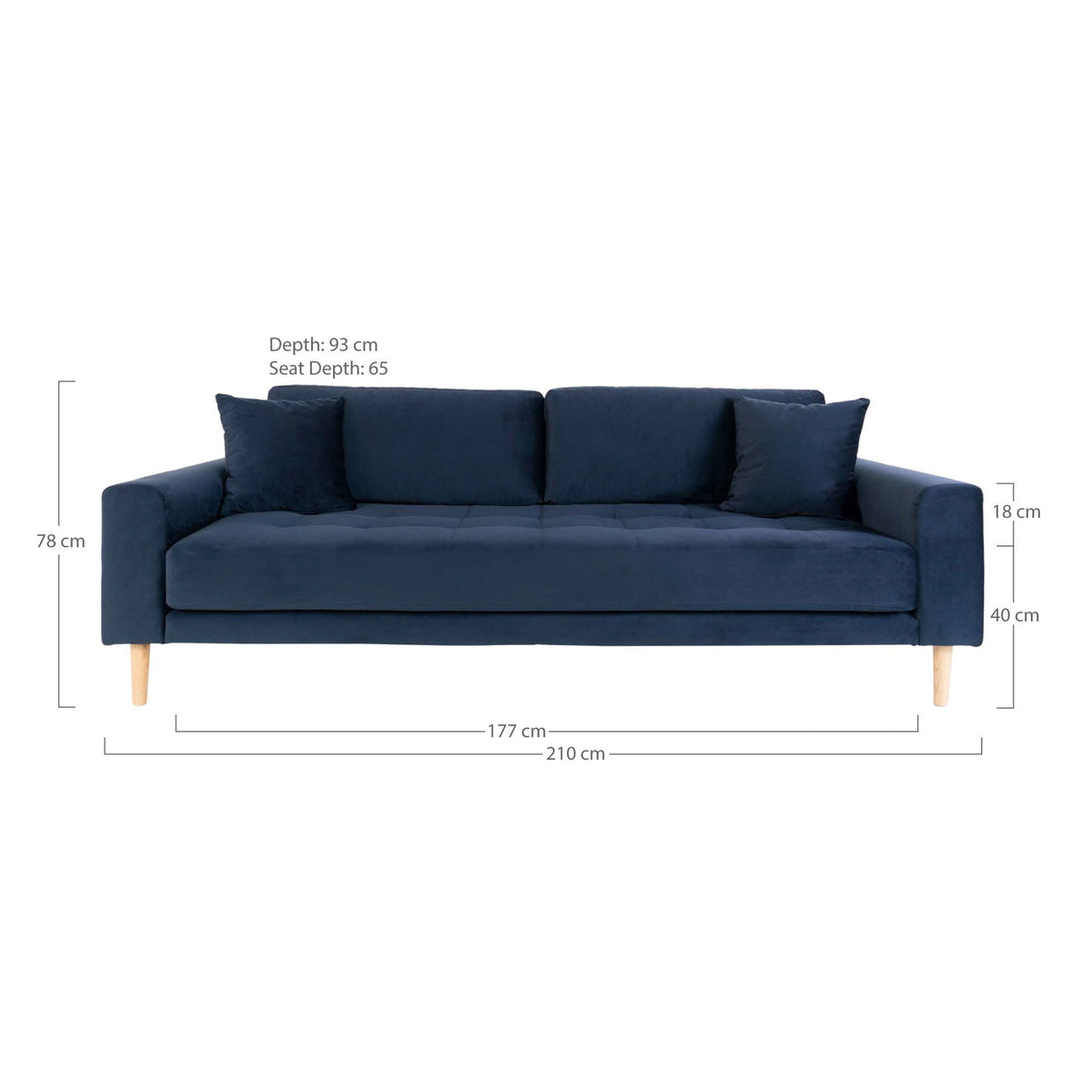 Lido 3 Personers Sofa - 3 Personers Sofa, mørkeblå velour med to puder og natur træben, HN1005