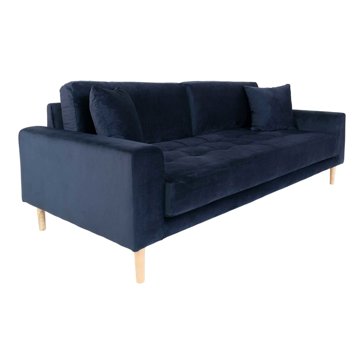 Lido 3 Personers Sofa - 3 Personers Sofa, mørkeblå velour med to puder og natur træben, HN1005