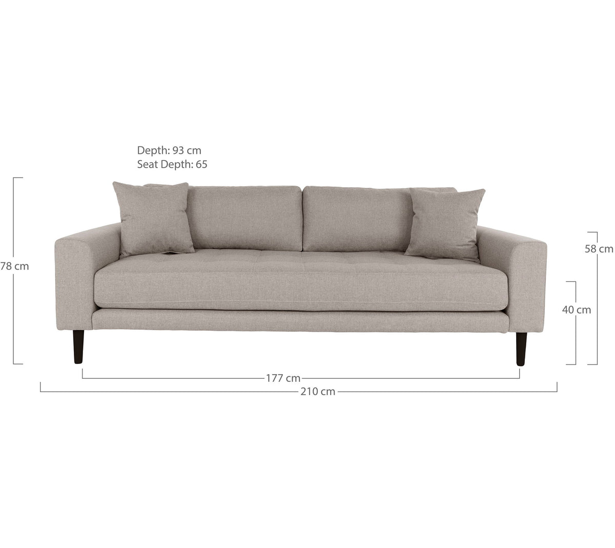 Lido 3 Personers Sofa - 3 Personers Sofa, stone med to puder og sorte træben, HN1030