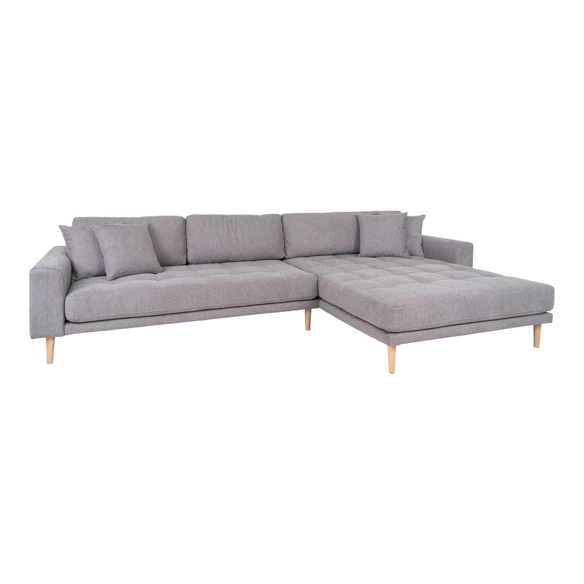 Lido Lounge Sofa - Lounge Sofa, højrevendt i lysegrå med fire puder og natur træben, HN1040