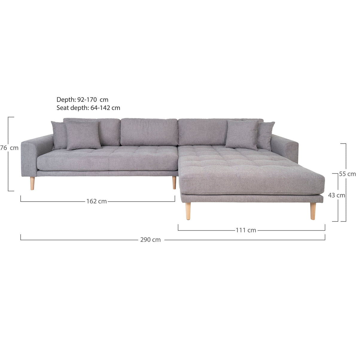 Lido Lounge Sofa - Lounge Sofa, højrevendt i lysegrå med fire puder og natur træben, HN1040