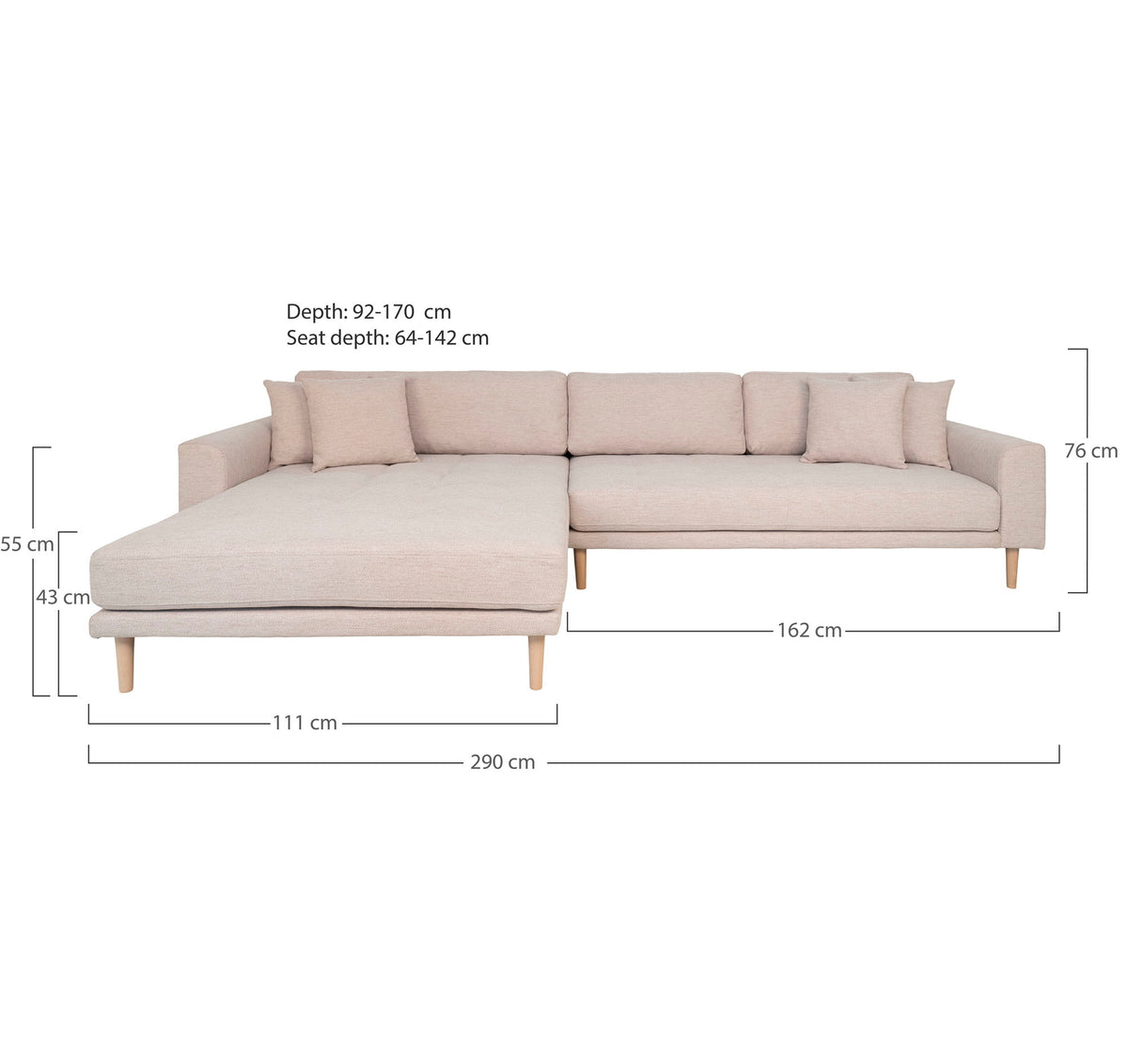 Lido Lounge Sofa - Lounge Sofa, venstrevendt i sand med fire puder og natur træben, HN1050
