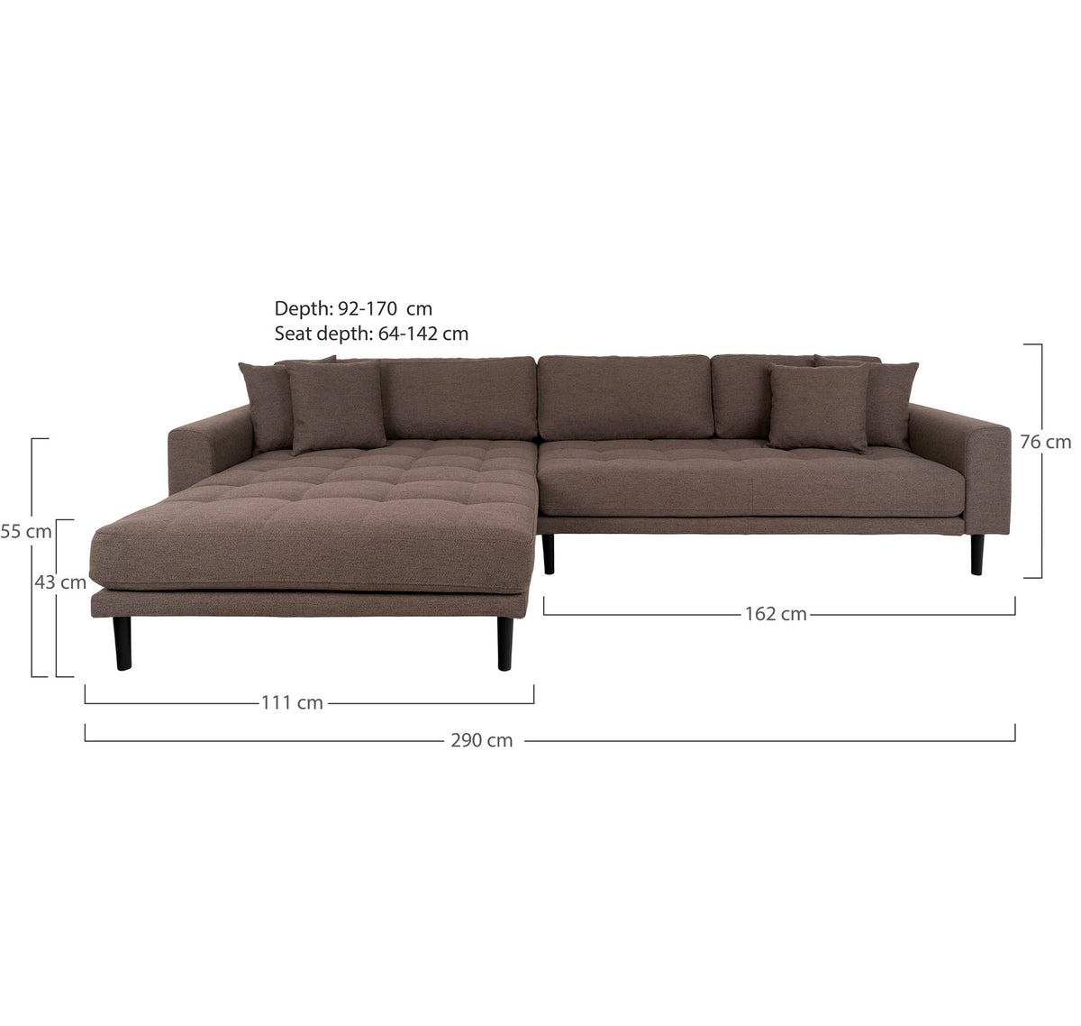 Lido Lounge Sofa - Lounge Sofa, venstrevendt i brun med fire puder og sorte træben, HN1055