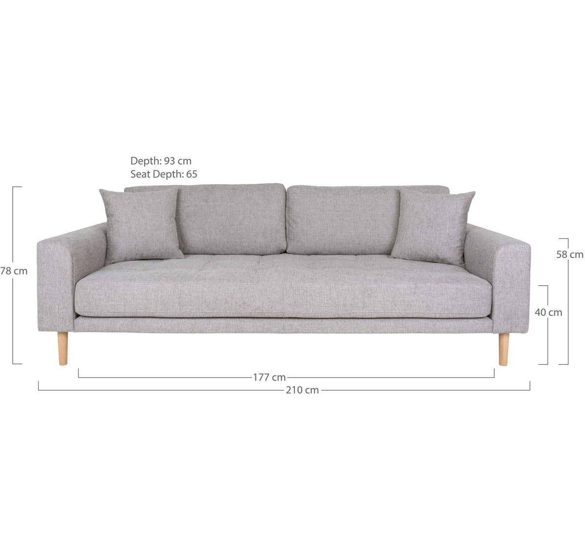Lido 3 Personers Sofa - 3 Personers Sofa, lysegrå med to puder og natur træben, HN1040
