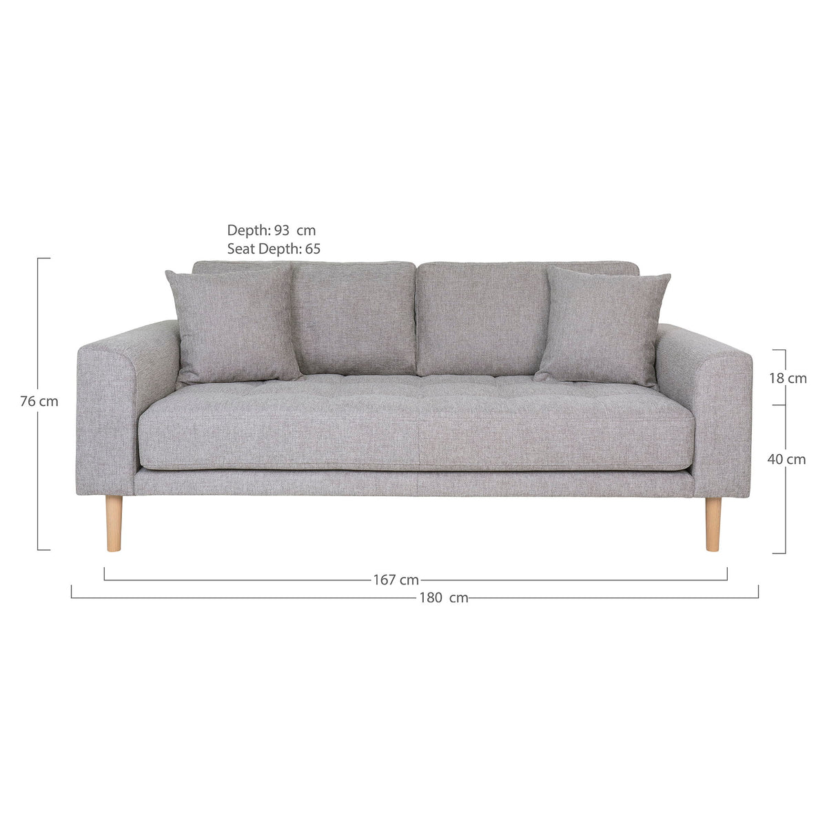 Lido 2,5 Personers Sofa - 2,5 Personers Sofa, lysegrå med to puder og natur træben, HN1040