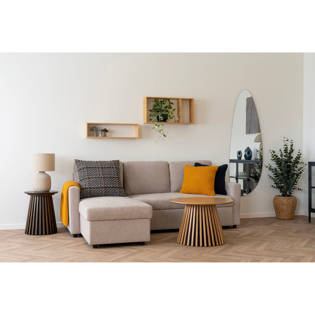 Belfast Chaiselong Sovesofa - Chaiselong sovesofa med opbevaring, mørk sand, natur ben, HN1085