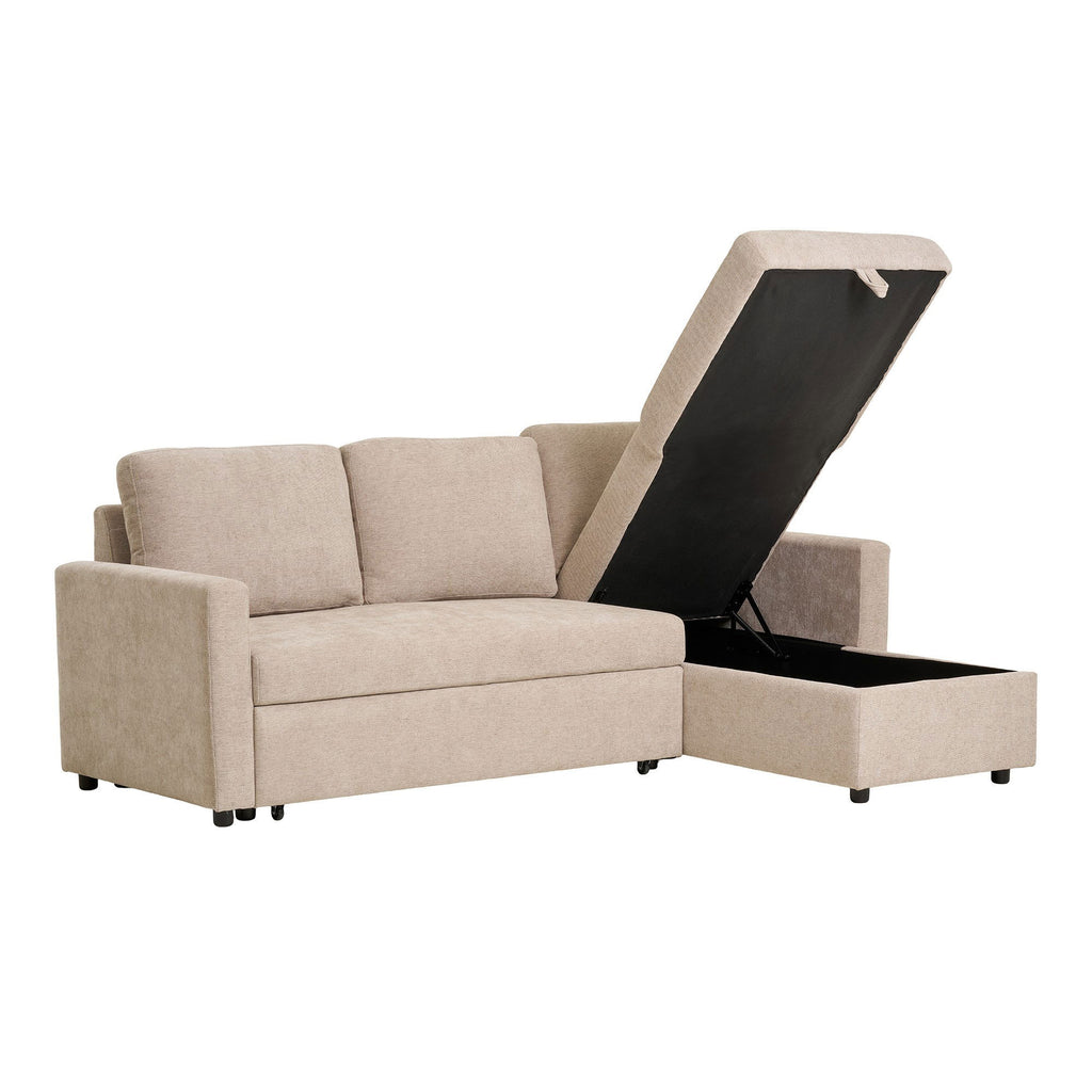 Belfast Chaiselong Sovesofa - Chaiselong sovesofa med opbevaring, mørk sand, natur ben, HN1085