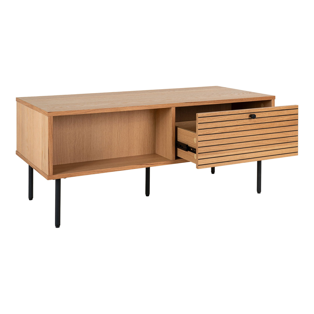 Kyoto Sofabord - Sofabord, 2 skuffer, egefiner, natur, sorte metalben 50x100x45 cm