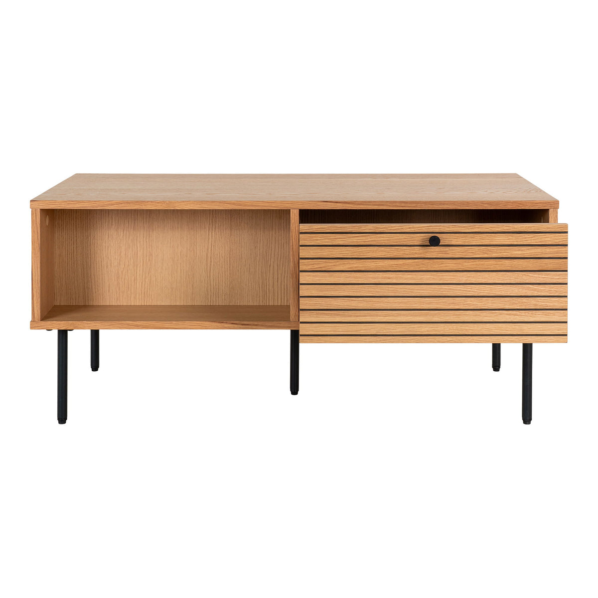 Kyoto Sofabord - Sofabord, 2 skuffer, egefiner, natur, sorte metalben 50x100x45 cm