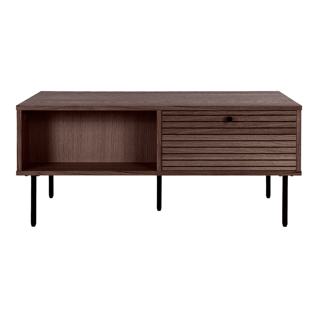 Kyoto Sofabord - Sofabord, 2 skuffer, egefiner, smoked, sorte metalben 50x100x45 cm