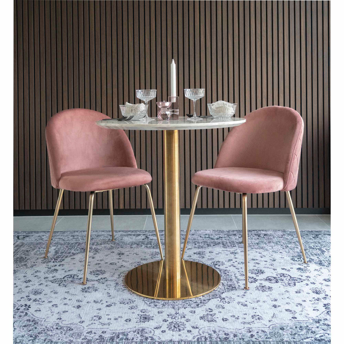 Bolzano Spisebord - Spisebord, marmor look bordplade, hvid, messing look base ø70x75 cm