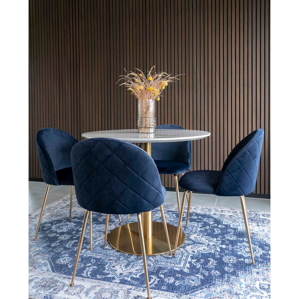Bolzano Spisebord - Spisebord, marmor look bordplade, hvid, messing look base ø90x75 cm