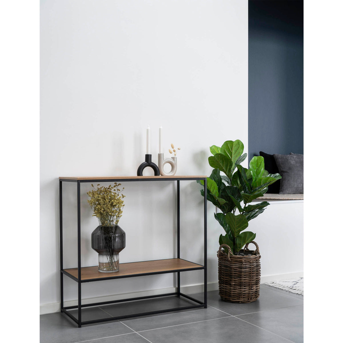 Vita Konsolbord - Konsolbord, 2 hylder, egetræslook, sort stel 80x36x80 cm