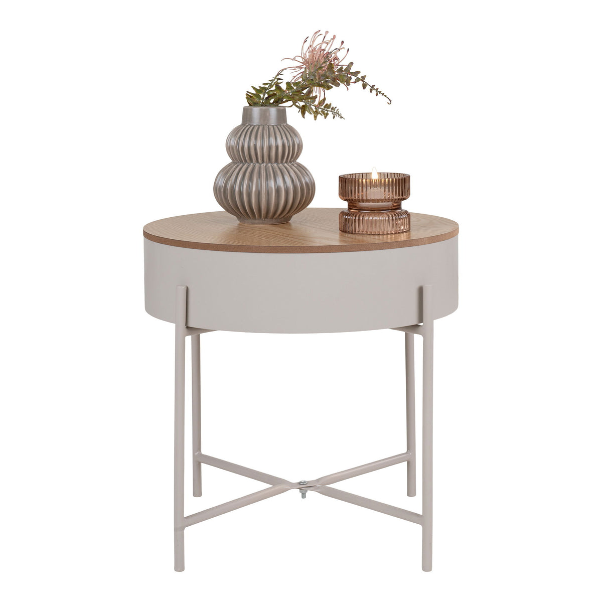 Sisco Hjørnebord - Hjørnebord, beige-lysegrå metal, natur top ø40x40 cm